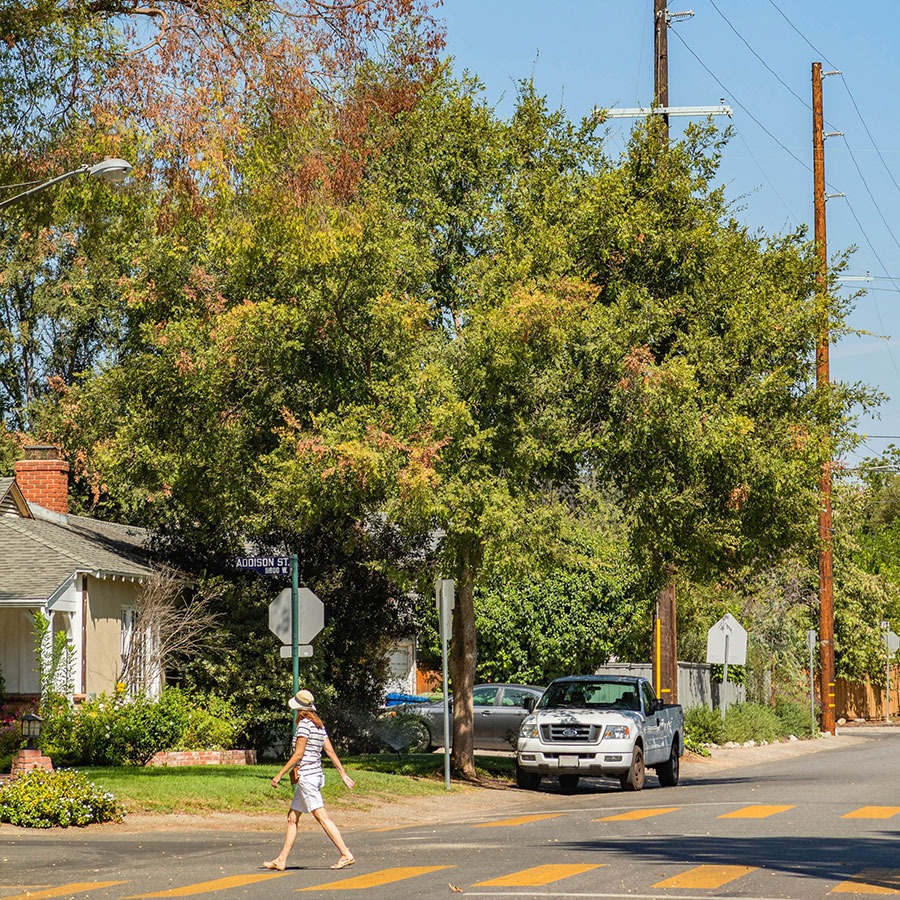 Woman strolling across street in quiet neighborhood of Valley Village